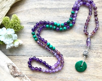 TRANSFORMATION~ Amethyst, Malachite and Purple Phantom Quartz Mala Bead Necklace, Buddha Necklace, Meditation Beads, Yoga Jewelry,Wife Gifts