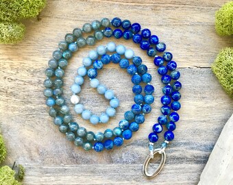Lapis Lazuli, Labradorite and Angelite Mala Beads Necklace No tassel with Clasp Japa Mala Customizable Beaded Gemstone Necklace Yoga Beads