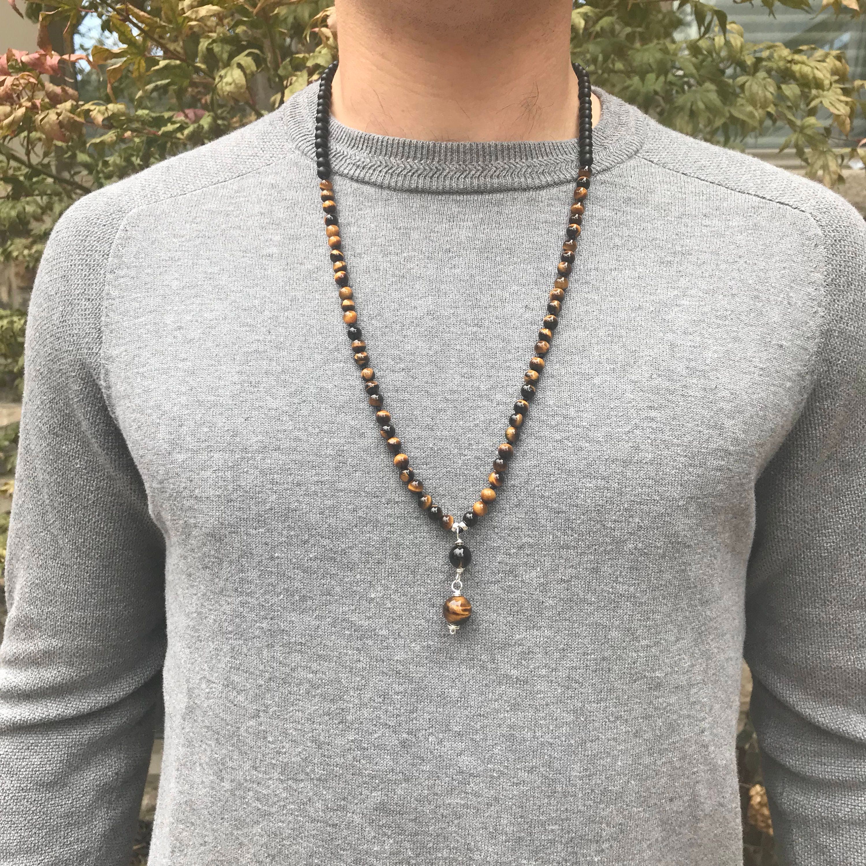 Black Onyx 108 Mala with Tigers Eye Gemstones for Meditation on Stretch Cord