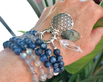 Blue Kyanite and Labradorite 108 Mala Beads Necklace No tassel with Clasp,Meditation Jewelry,Customizable Beaded Gemstone Necklace,Japa Mala