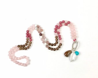 LOVE Mala Bead Necklace with Rose Quartz and Rhodonite, Knotted Prayer Beads, Meditation and Yoga Gifts , Buddhist Jewelry, Wife Gifts