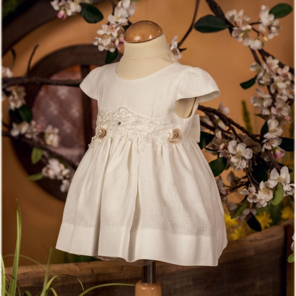 Christening Dress for Baby Girl in Linen Baptism Dress Ceremony Wedding bridesmaid