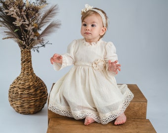 Baby Girl's Christening Dress with Long Sleeves and Lace inserts, Made from Soft 100% Organic Cotton Muslin