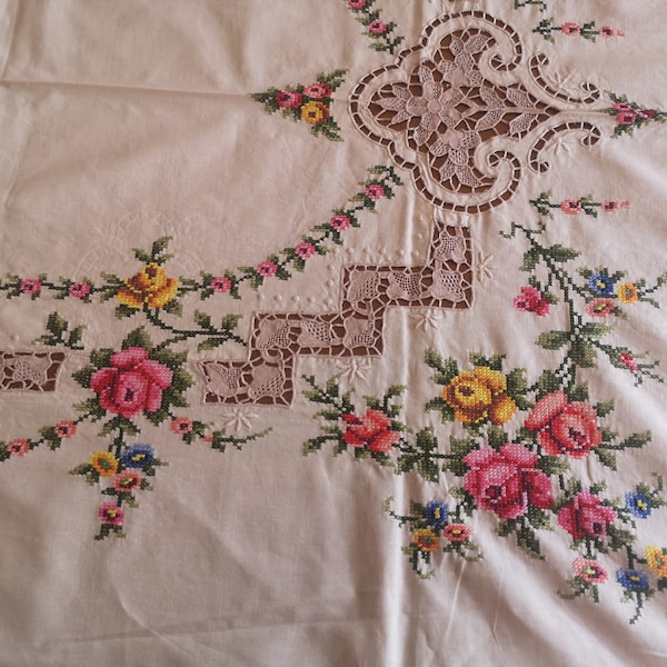 Beautiful Vintage Handmade Cross Stitch  Tablecloth  Rectangular and Burano Lace