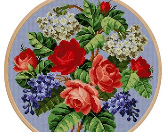 Gráfico de punto de cruz contado en PDF de rosas y lilas, bordado, patrón, Berlin Woolwork, descarga digital