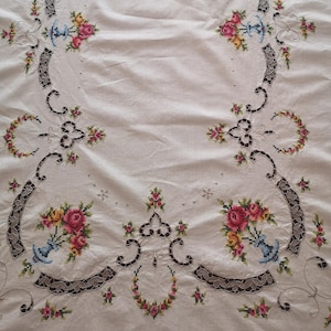 Beautiful Vintage Handmade Cross Stitch  Tablecloth  Rectangular and Burano Lace