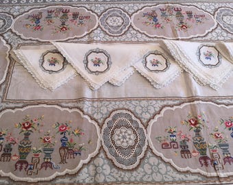 Vintage Italian Cross Stitch Tablecloth with 12 Napkins – Hand Embroidered Floral Design – 100% Linen – Large Rectangular – Rare Find