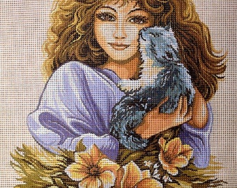 Needlepoint Kit "Girl with cat" 9"x11.8" 23x30cm printed canvas cod.245