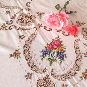 Handmade Cross Stitch Tablecloth with Roses – Vintage Embroidered Floral – Shabby Chic Table Decor