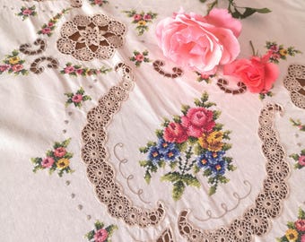 Handmade Cross Stitch Tablecloth with Roses – Vintage Embroidered Floral – Shabby Chic Table Decor