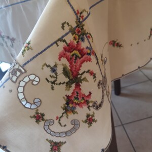 Puede incluir: Un mantel blanco con un borde azul y dise&ntilde;os florales bordados intrincados en tonos de rosa, rojo, verde y azul. El bordado presenta un patr&oacute;n repetitivo de flores y hojas.