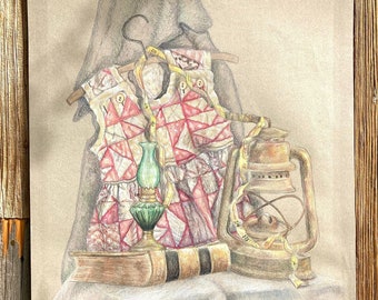 Quilted Dress & Lantern Still Life | Large Early 1990s Original Colored Pencil Drawing | Farmhouse/Country/Cottage/Granny Wall Art