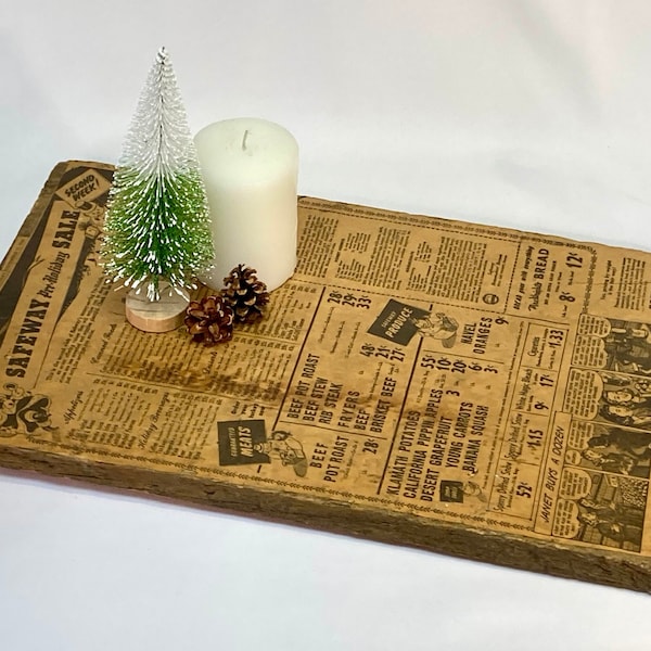 Rustic 1945 Christmas Grocery Ad Decoupage Board | Newsprint Holiday Tray/Wall Hanging | Sacrament Bee Safeway