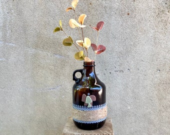 Upcycled Woodland Jug Decor | Brown Glass Vase | Cottage & Country Shelf/Mantel Display | Felt Mushroom + Jute Twine