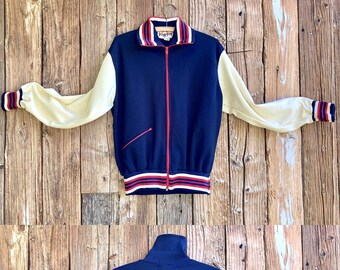 1960s Unisex Red White Blue Track Jacket | Retro Warm-Up Suit Midcentury Letterman/Cardigan/Zipper Sweater | Jog Joy Sports World Athleisure