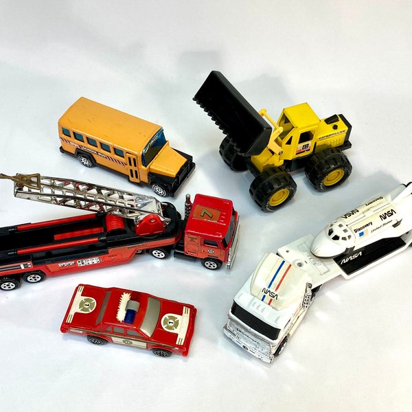 1980s Buddy L NASA Semi + Space Shuttle Discovery/Fire Ladder Truck + Chief Car/School Bus/Remco Caterpillar Front Loader/Metal Toy Vehicles