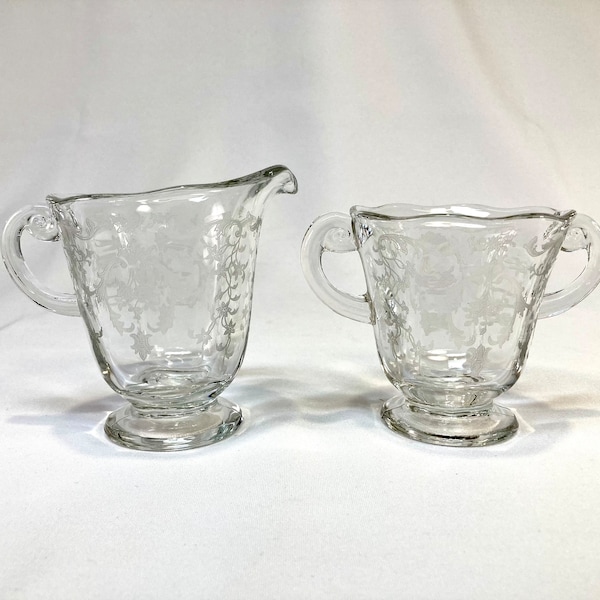 Fostoria NAVARRE Creamer & Sugar | 1940s Clear Footed Pitcher + Open Sugar w/Loop Handles | Etched Floral/Scroll Pattern #327