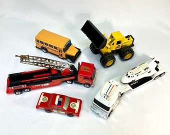 1980s Buddy L NASA Semi + Space Shuttle Discovery/Fire Ladder Truck + Chief Car/School Bus/Remco Caterpillar Front Loader/Metal Toy Vehicles