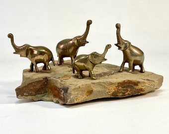 Mini Vintage Brass Elephant Quartet | Elephant Family Desktop/Shelf Figurines | Boho/Travel/Country/Farmhouse Decor | Fairy Garden Nursery