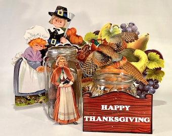 Thanksgiving Paperboard Cut-Outs | Cardstock Pilgrim & Turkey Décor | Vintage Autumn Cornucopia Prints