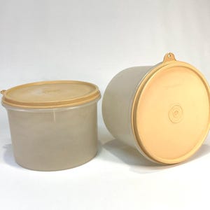 1970s Tupperware Canister Set + Lids | 5.5&quot; DiameterX4.25&quot; Tall | Tan Lid & Clear Frosted Base | Container# 263-22/263-6 Lid# 238-30/238-32