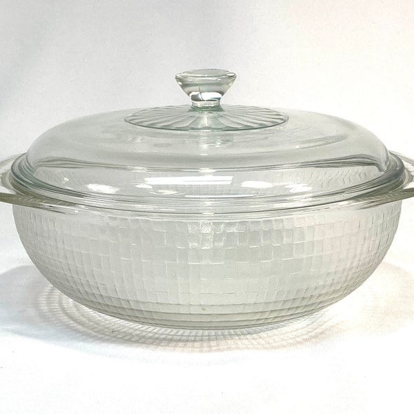 Rare Pyrex Clear Round Basket Weave Casserole & Ribbed 624C Lid | Lidded Dish w/Side Handles | Frosted Checker Glass Ovenware/Serveware Bowl