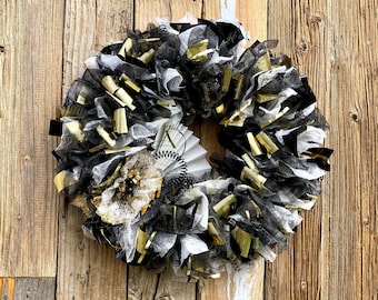 18" Upcycled Dryer Sheet Holiday Wreath | Repurposed Gold Black White New Years Eve Decor | Recycled Indoor/Outdoor Graduation Oscars Theme