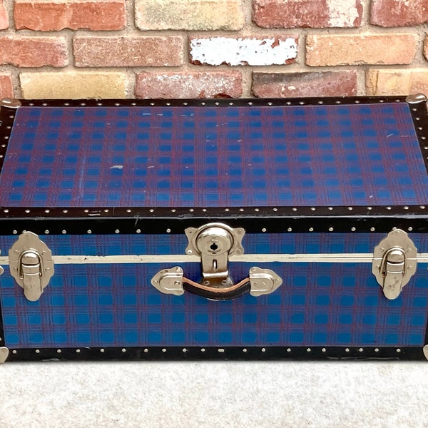 Blue & Red Plaid Steamer Trunk | Large Footlocker w/ Silver-Tone Hardware | Storage Chest, Photo Prop, Coffee / Accent / Side / End Table