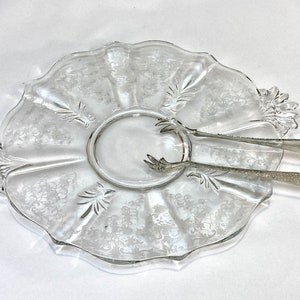 Fostoria NAVARRE Round Glass Tray | 1940s Clear Scalloped Platter w/Handles | Etched Floral/Scroll Pattern #327