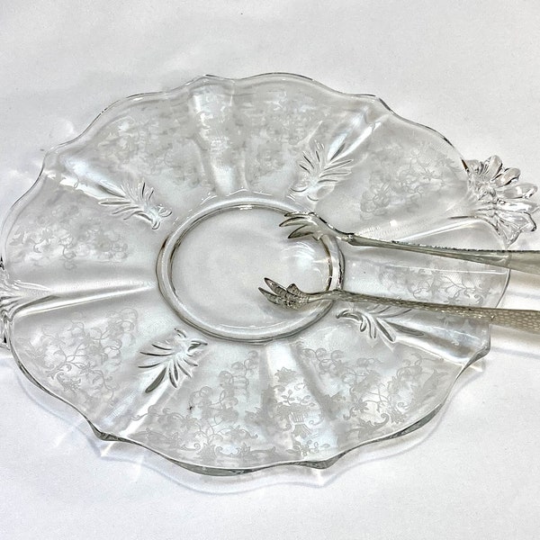 Fostoria NAVARRE Round Glass Tray | 1940s Clear Scalloped Platter w/Handles | Etched Floral/Scroll Pattern #327