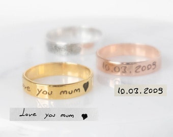 Personalised Ring in Sterling Silver & Gold, Custom Engraved Ring with Handwriting, Mens Ring, Boyfriend Gift, Memorial Gift