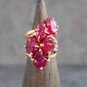 Raw Ruby Ring in Silver & Gold, Crystal Ring Raw Stone Engagement Ring, Ruby Ring for Women, July Birthstone Ring