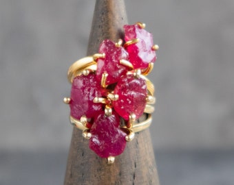 Raw Ruby Ring in Silver & Gold, Crystal Ring Raw Stone Engagement Ring, Ruby Ring for Women, July Birthstone Ring