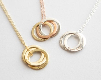 Personalised Gift for Mum, Interlocking Circle Necklace, Mothers Day Necklace, Russian Rings Necklace, Three Four Names, Child Name Necklace