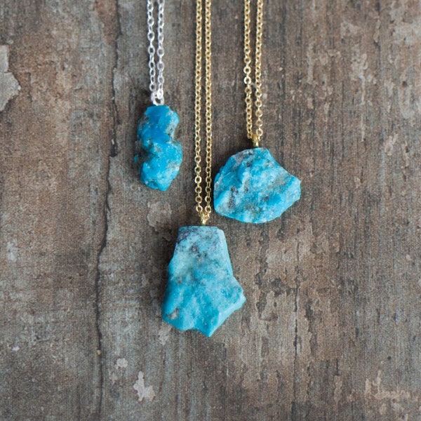Raw Turquoise Necklace, December Birthstone Gifts for Women, Crystal Necklace in Silver, Gold