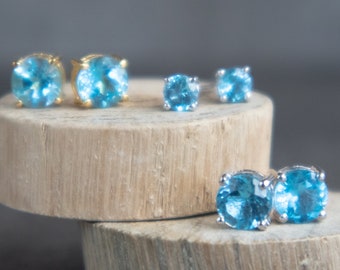 Blue Topaz Earrings, Topaz Stud Earrings, Gemstone Earrings, Blue Topaz Jewelry, Tiny Gold Stud Earrings, December Birthstone Earrings