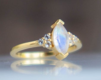 Rainbow Moonstone Ring in Gold Vermeil, Marquise Ring Cluster Rings for Women, June Birthstone Gifts for Her