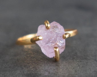 Morganite Raw Crystal Engagement Ring in Gold&Silver, Raw Stone Rings for Women, Raw Morganite Jewelry Gift for Her