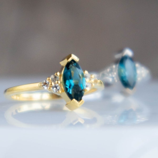 Bague topaze bleue de Londres, bague en argent sterling et or vermeil, bague marquise, bagues de promesse avec pierres précieuses délicates pour femme, cadeau pour femme