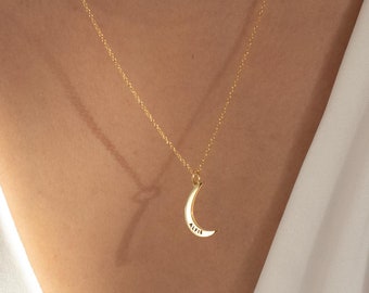 Engraved Moon Necklace  in Gold & Sterling Silver, Rose Gold, Crescent Moon Custom Name Necklace, Gifts for Women
