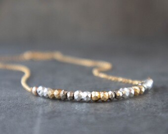 Pyrite Necklace, Minimalist Layering Necklaces for Women, Crystal Protection Necklace, Dainty Beaded Gemstone Jewelry, Gift for Her