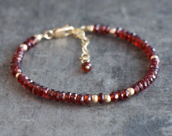 Garnet Bracelet, Garnet Jewelry, Beaded Gemstone Bracelets for Women, January Birthstone Bracelet in Sterling Silver or Gold Filled