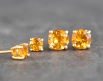 Citrine Earrings Studs in 4mm and 6mm, November Birthstone Earrings for Women in Sterling Silver & Gold Vermeil