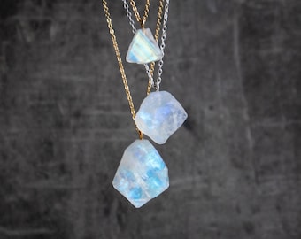 Raw Moonstone Necklace, Crystal Necklace, Birthstone Necklace, Rainbow Moonstone Pendant, Moonstone Jewelry in Sterling Silver or Gold