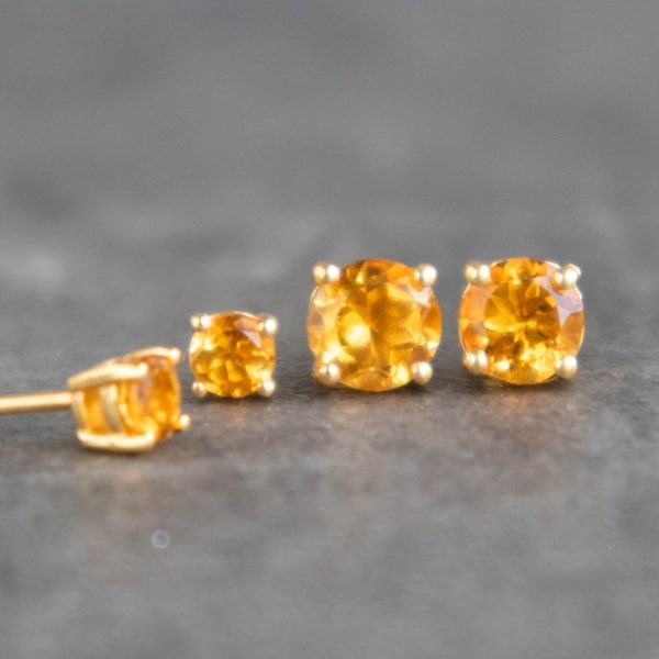 Citrine Earrings Studs in 4mm and 6mm, November Birthstone Earrings for Women in Sterling Silver & Gold Vermeil