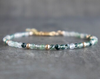 Moss Agate Bracelet Gold Silver & Rose Gold, Beaded Handmade Bracelet, Green Moss Agate Jewelry, Healing Crystal Bracelets for Women