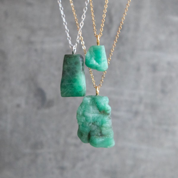 Raw Emerald Necklace, May Birthstone Jewelry, Crystal Pendant Necklaces for Women in Sterling Silver & Gold