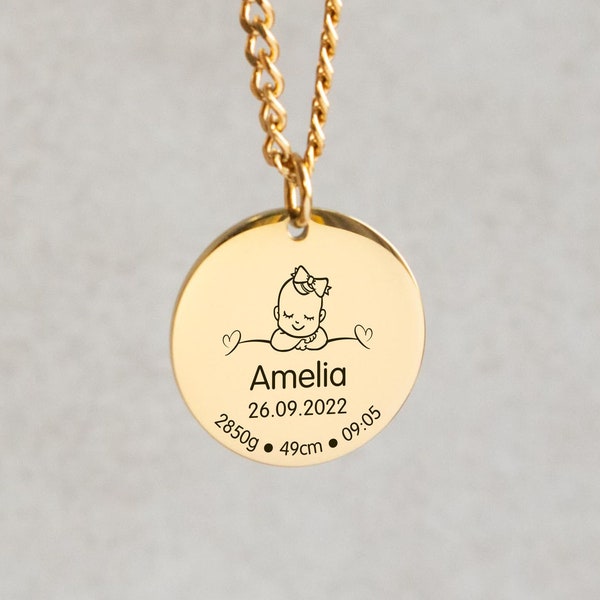 Baby Birth Stats Necklace, Mothers Day Gift for New Mom, Custom Engraved Non Tarnish Necklace in Silver & Gold, Personalized Gift for Mom