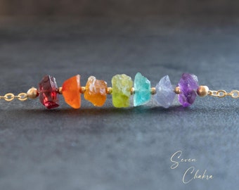 7 Chakra Necklace, Raw Stone Necklaces for Women, Chakra Jewelry, Rainbow Crystal Necklace in Sterling Silver, Gold Filled, Rose Gold