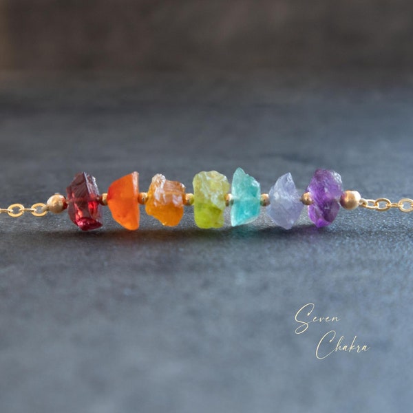 7 Chakra Necklace, Raw Stone Necklaces for Women, Chakra Jewelry, Rainbow Crystal Necklace in Sterling Silver, Gold Filled, Rose Gold